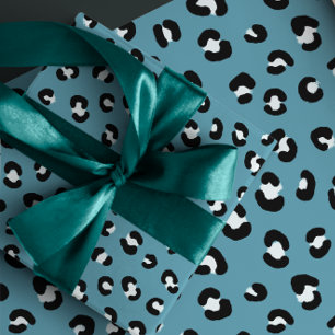 Soft Teal, Black and White Leopard Print Pattern Wrapping Paper Sheet