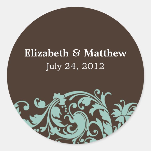 Soft Teal & Brown Swirl Wedding Favour Label (Front)