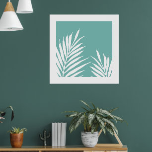 Soft Teal White Palm Leaves  Poster