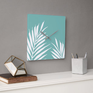 Soft Teal White Palm Leaves  Square Wall Clock