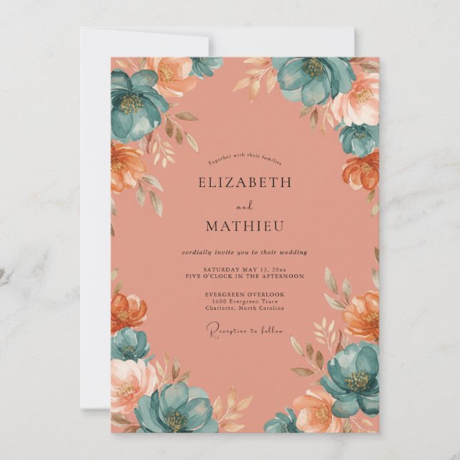Soft Terracotta Aqua Petal Wedding Invitation (Front)