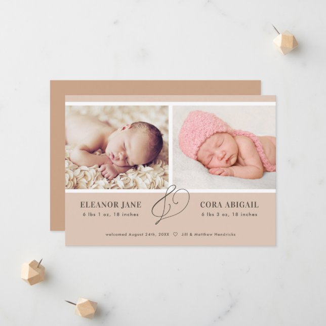 Soft Terracotta Modern Twins Birth Announcement (Front/Back In Situ)