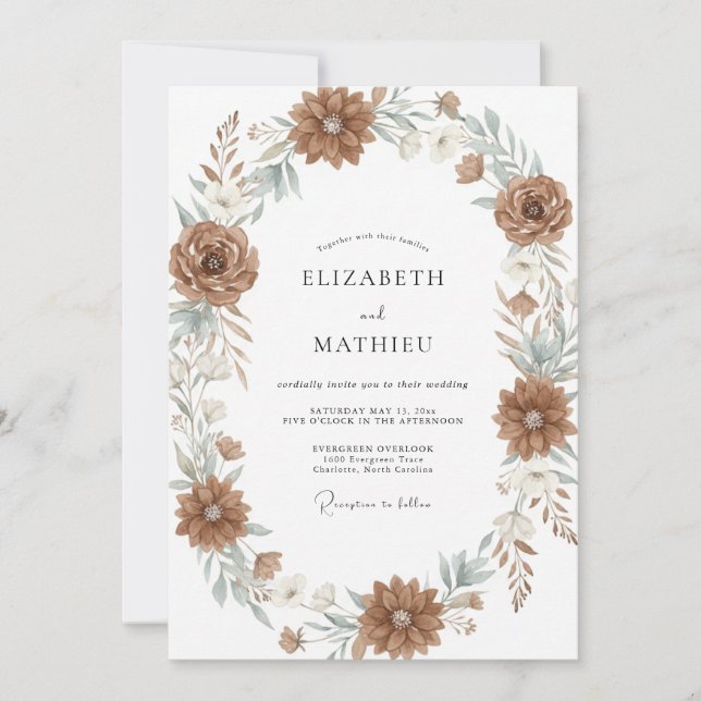 Soft Terracotta Painted Foliage Wedding Invitation (Front)