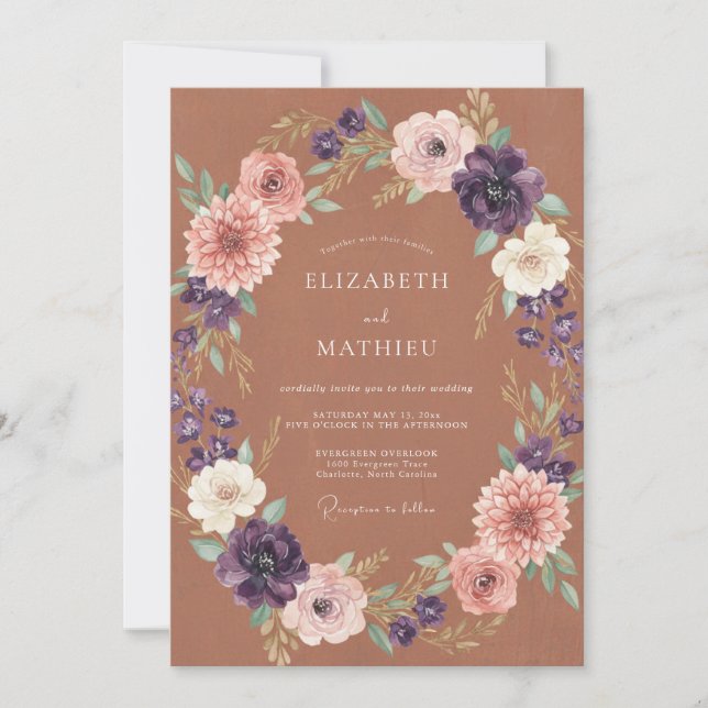 Soft Terracotta Plum Wreath Wedding Invitation (Front)
