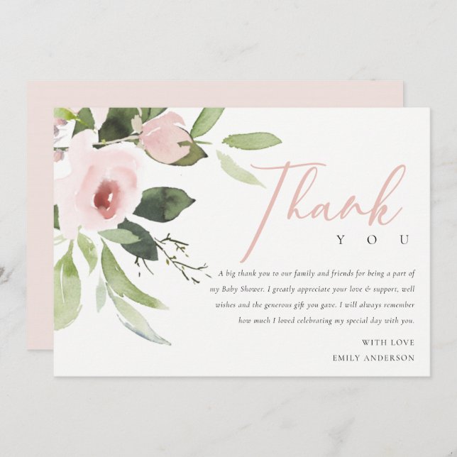 SOFT TRENDY BLUSH PINK ROSE BABY SHOWER THANK YOU INVITATION (Front/Back)