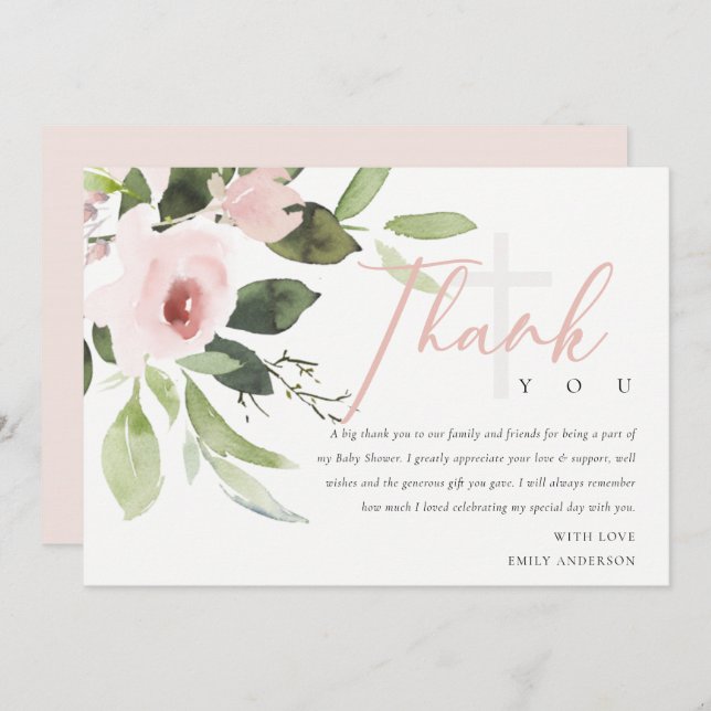 SOFT TRENDY BLUSH PINK ROSE BABY SHOWER THANK YOU INVITATION (Front/Back)