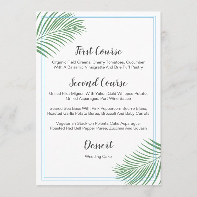 Soft Tropical Palm Leaf Wedding Menu (Front)