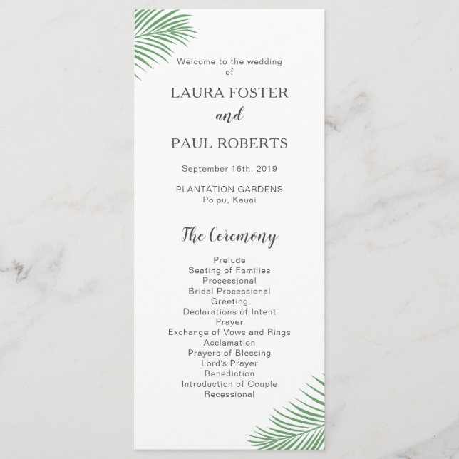 Soft Tropical Palm Leaf Wedding Program Programme (Front)