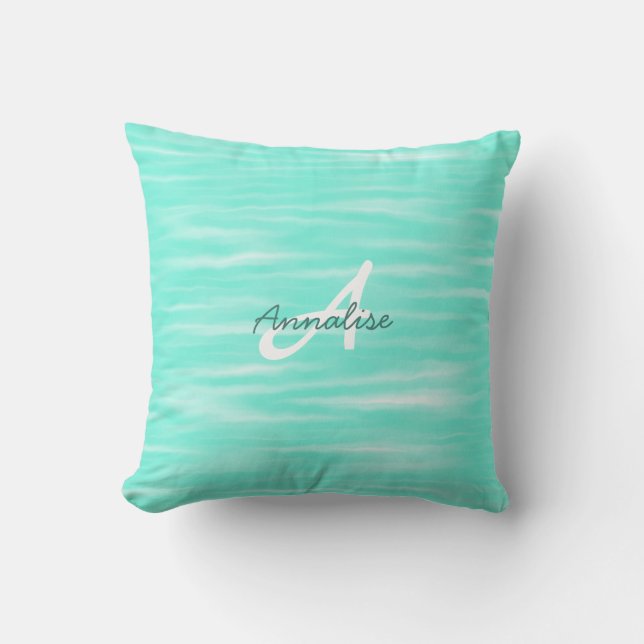  Soft Turquoise Abstract Stripes Pattern Monogram Cushion (Front)