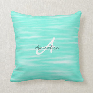 Soft Turquoise Abstract Stripes Pattern Monogram Cushion