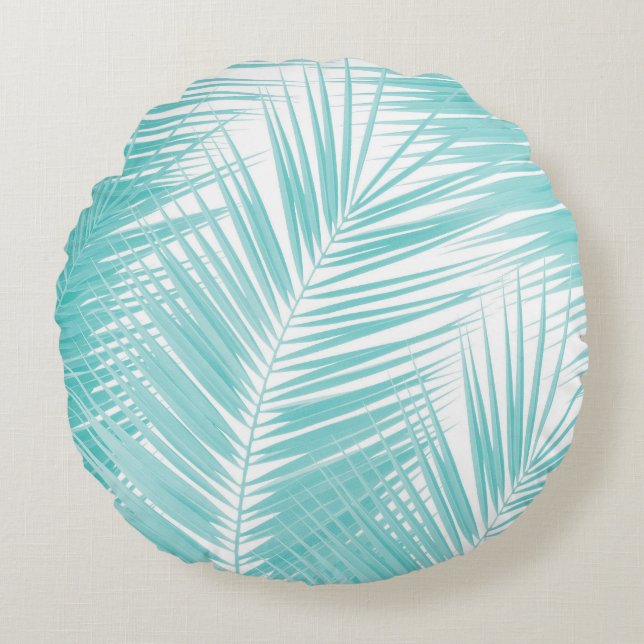 Soft Turquoise Palm Leaves Dream #1a  Round Cushion (Front)