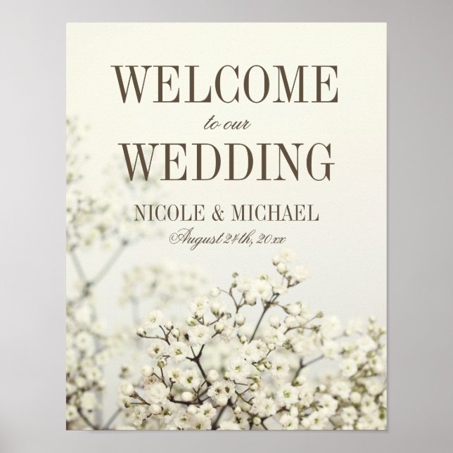 Soft Vintage Baby's Breath Wedding Welcome Sign (Front)
