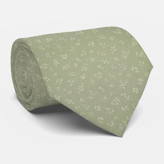 Soft Vintage Sage Green Floral  Tie (Rolled)