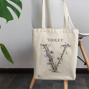 Soft Violet Letter V Floral Monogram Custom Name Tote Bag