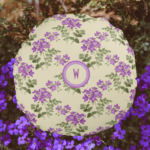 Soft Violet Pattern on Pale Yellow with Initial Round Cushion