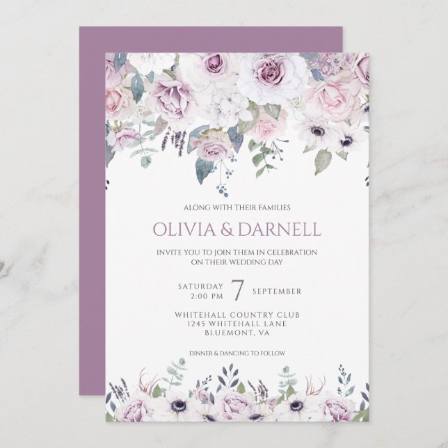 Soft Violet Pink Lavender White Floral Wedding I Invitation (Front/Back)
