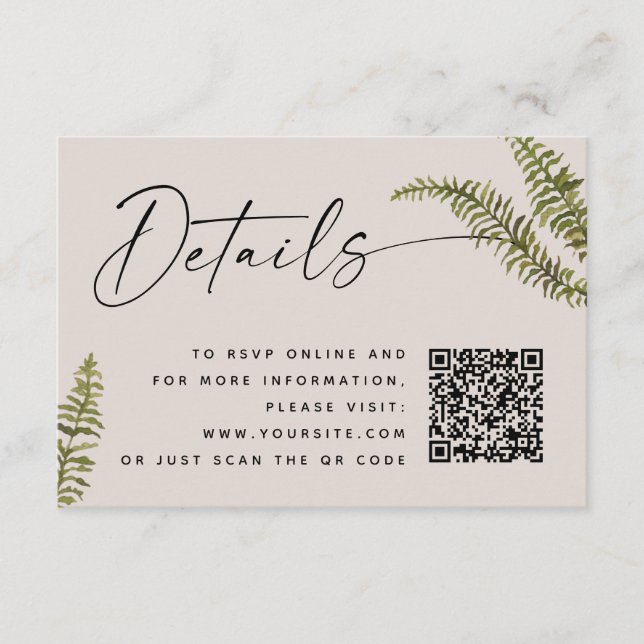 Soft Warm Taupe Fern Wedding Details. Botanical QR Enclosure Card (Front)