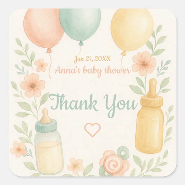 Soft Watercolor Baby Shower  Square Sticker (Front)