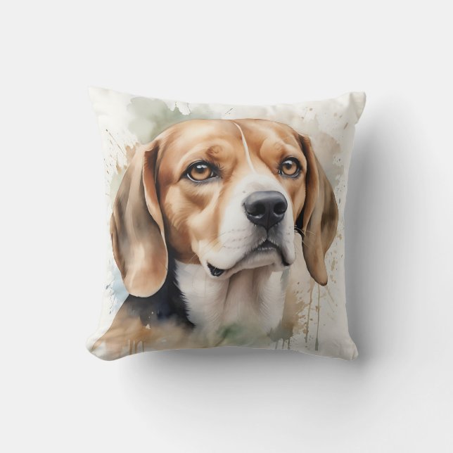 Soft Watercolor Beagle Portrait with Fluid  Cushion (Front)