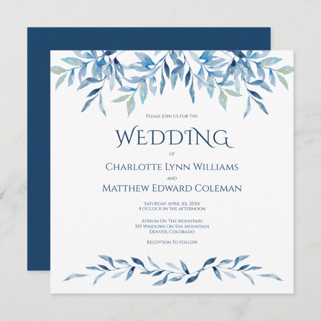 Soft Watercolor Blue Branches Wedding Invitation (Front/Back)