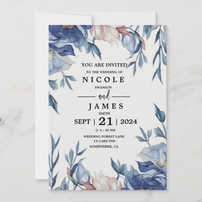 Soft Watercolor Blue Floral Invitation (Front)