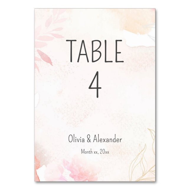 Soft Watercolor Blush Floral Wedding Table Number (Front)