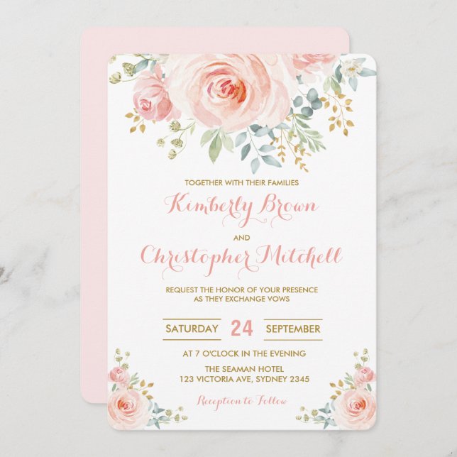 Soft Watercolor Blush Pink Floral Wedding Party Invitation (Front/Back)