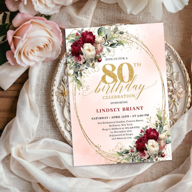 Soft Watercolor Burgundy Floral 80th Birthday  Invitation (Soft Watercolor Burgundy Floral 80th Birthday Invite)