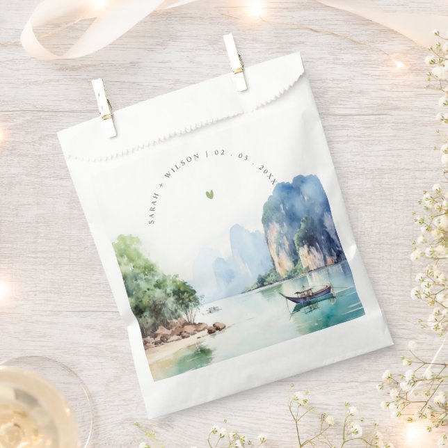 Soft Watercolor Coastal Thailand Seascape Wedding Favour Bags (Clipped)