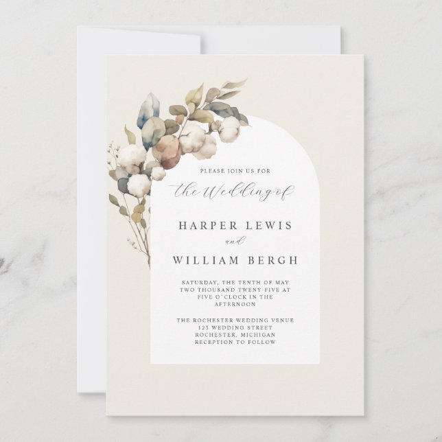soft watercolor cotton & eucalyptus wedding invitation (Front)