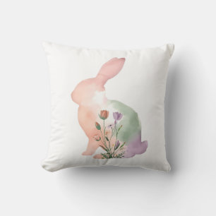 Soft Watercolor Easter Bunny Floral Silhouette  Cushion
