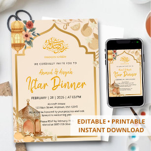 Soft Watercolor Floral and Citrus Iftar Dinner Invitation