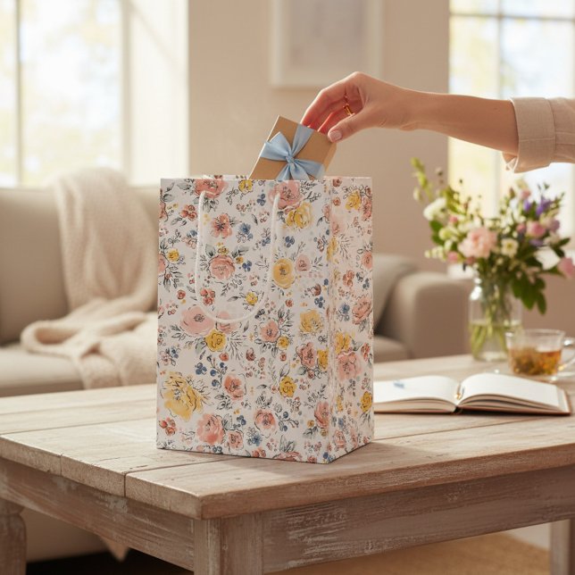 Soft Watercolor Floral Botanical Pattern Medium Gift Bag (Creator Uploaded)
