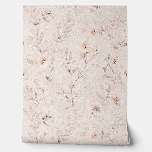 Soft watercolor floral branches neutral beige wallpaper (Unrolling)