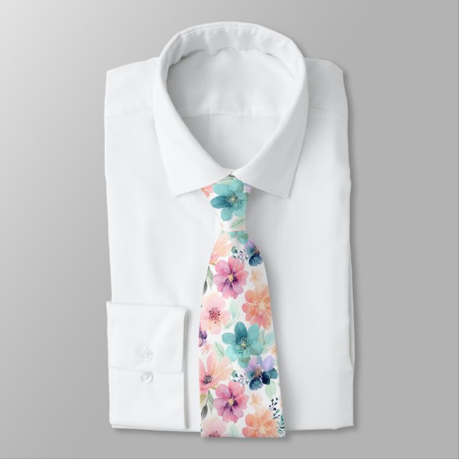 Soft Watercolor Floral Flowers in Pink Blue  Tie (Tied)