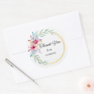 Soft Watercolor Floral Gold Frame Thank You Round Classic Round Sticker