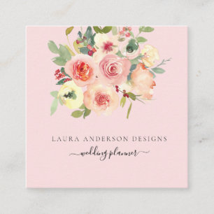 Soft watercolor floral in pink background square b business card