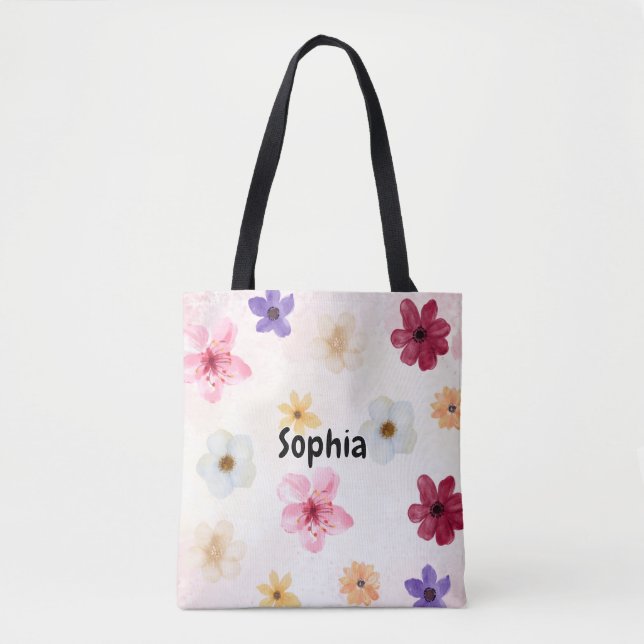 Soft Watercolor Floral Personalised Name Tote Bag (Front)