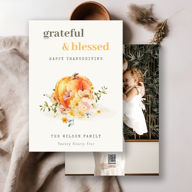 Soft Watercolor Floral Photo Pumpkin Thanksgiving Holiday Card (Creator Uploaded)