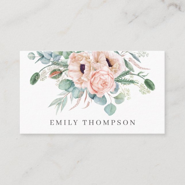 Soft Watercolor Floral Poppies and Roses Business Card (Front)