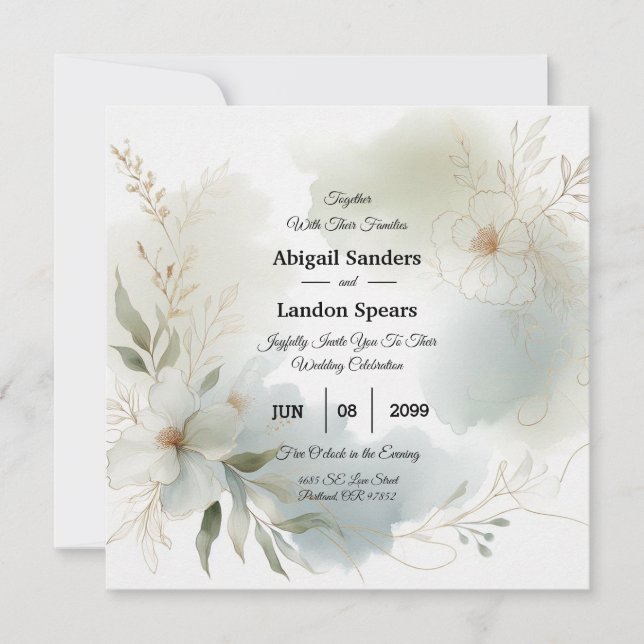 Soft Watercolor Floral Sage Green Wedding Invitation (Front)