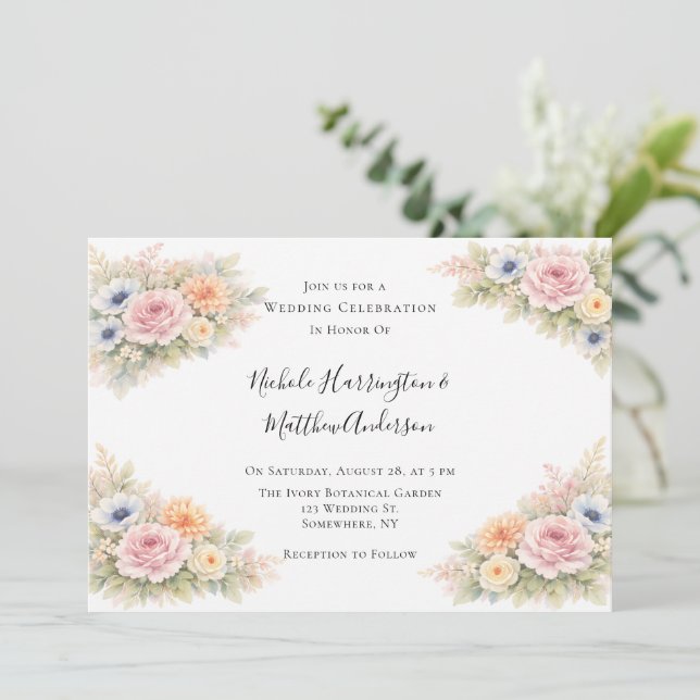 Soft Watercolor Floral Wedding Celebration Invitation (Standing Front)