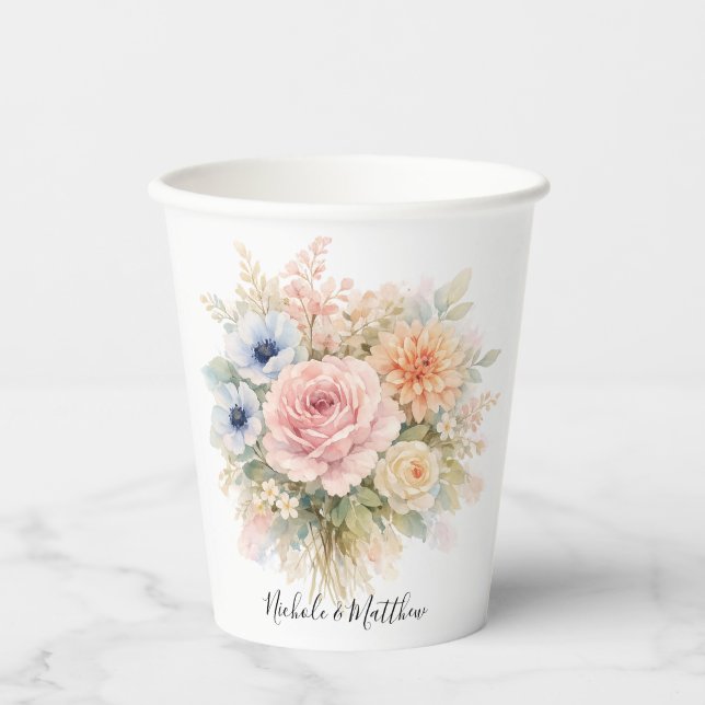 Soft Watercolor Floral Wedding Paper Cups (Front)
