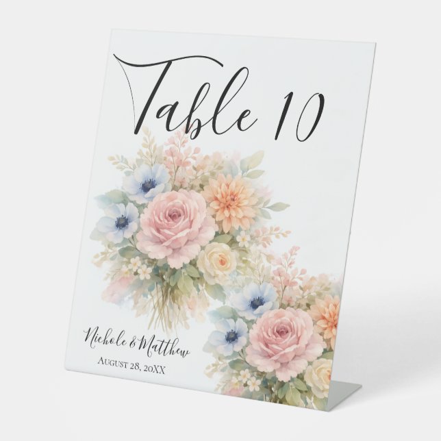 Soft Watercolor Floral Wedding Table Number Pedestal Sign (Front)
