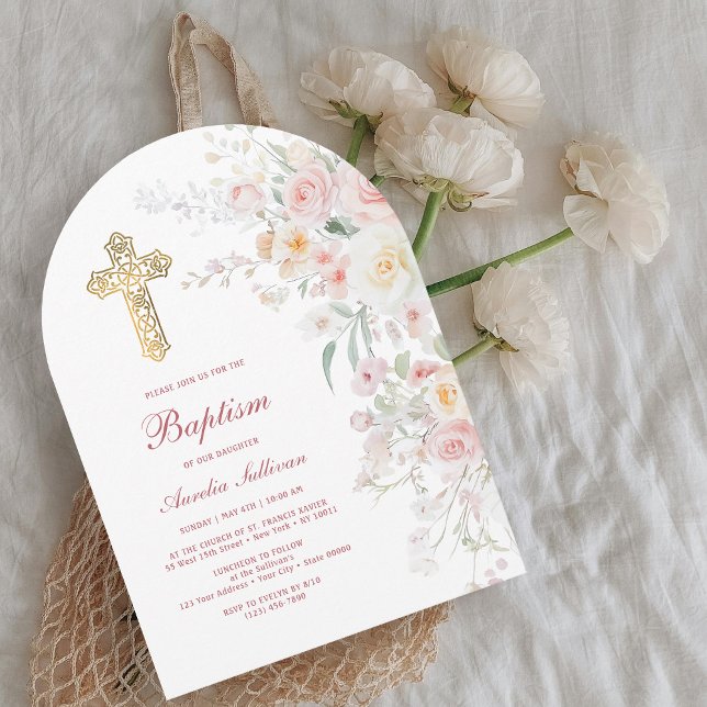 Soft Watercolor Flowers Arch Baptism Invitation (Creator Uploaded)
