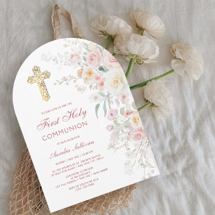 Soft Watercolor Flowers Arch First Communion Invitation