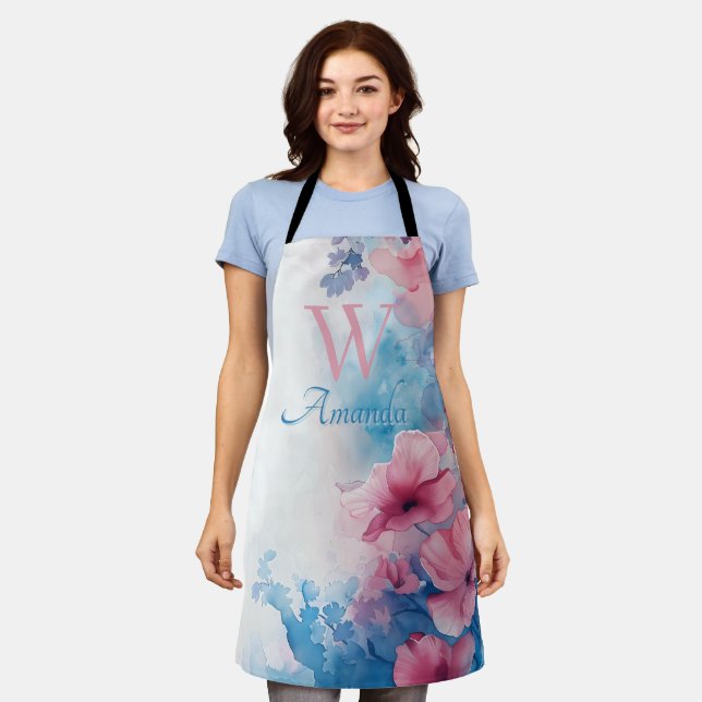 Soft Watercolor Flowers in Pink and Blue Apron (Worn)