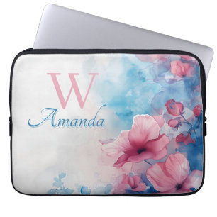 Soft Watercolor Flowers in Pink and Blue Laptop Sleeve