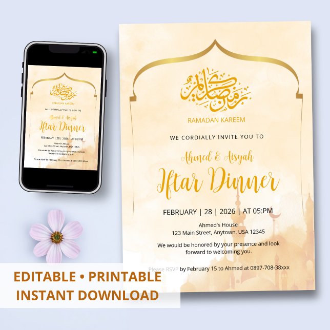 Soft Watercolor Gold Arch Islamic Iftar Invitation (Creator Uploaded)