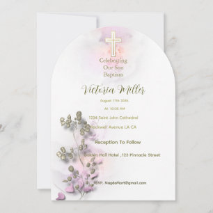 Soft watercolor & golden Cross Baptism invitation